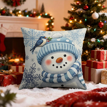Smozenith Winter Pillow Covers 18X18 Set of 2, Blue Snowman Bird Snowflakes Decorative Throw Pillowcases Outdoor Holiday Seasonal Farmhouse Cushion Cases Couch Sofa Bed Decor