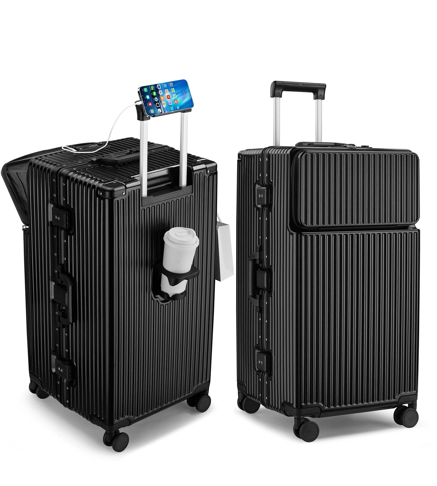 feilario 30in Super Large Captain Aluminum Frame Hardside Spinner Wheels Luggage, Zipperless Checked Suitcase with Front Compartment/Cup Holder/Phone Holder