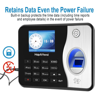 HapAttend Time Clock Bundle with 15 RFID Cards, 0 Monthly Fees Standalone Biometric Time Attendance Punch Machine with Fingerprint, RFID and PIN