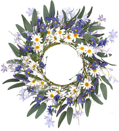 VioletEverGarden 20 Inch Spring Wreath for Front Door, Violet Blue and White Daisy Floral Decor