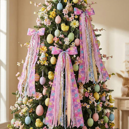 YKW Easter Bow for Door with 8 Ribbons, 27.5" Spring Wreath Sash Purple Lavender Floral, Ready to Hang Front Door Decoration Metal Clip, Home Farmhouse Party Decor