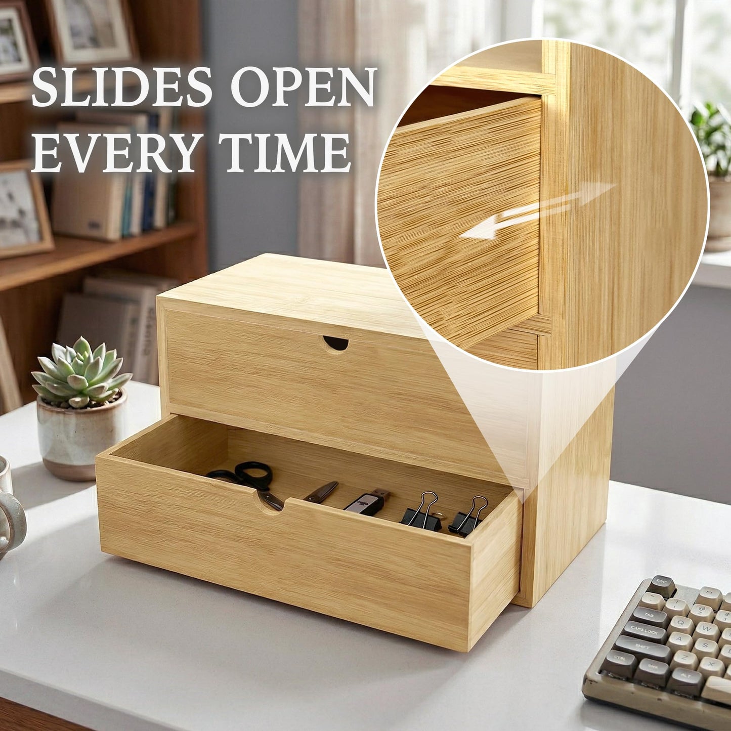 LUSHZLUMBERA Bamboo Desk Organizer with 2 Drawers, Desktop Drawers Wooden Storage Box 13.4 x 7.1 x 7.5 Inches Countertop Organizer for Office Supplies, Solid Wood Tabletop Drawer No Assembly Required