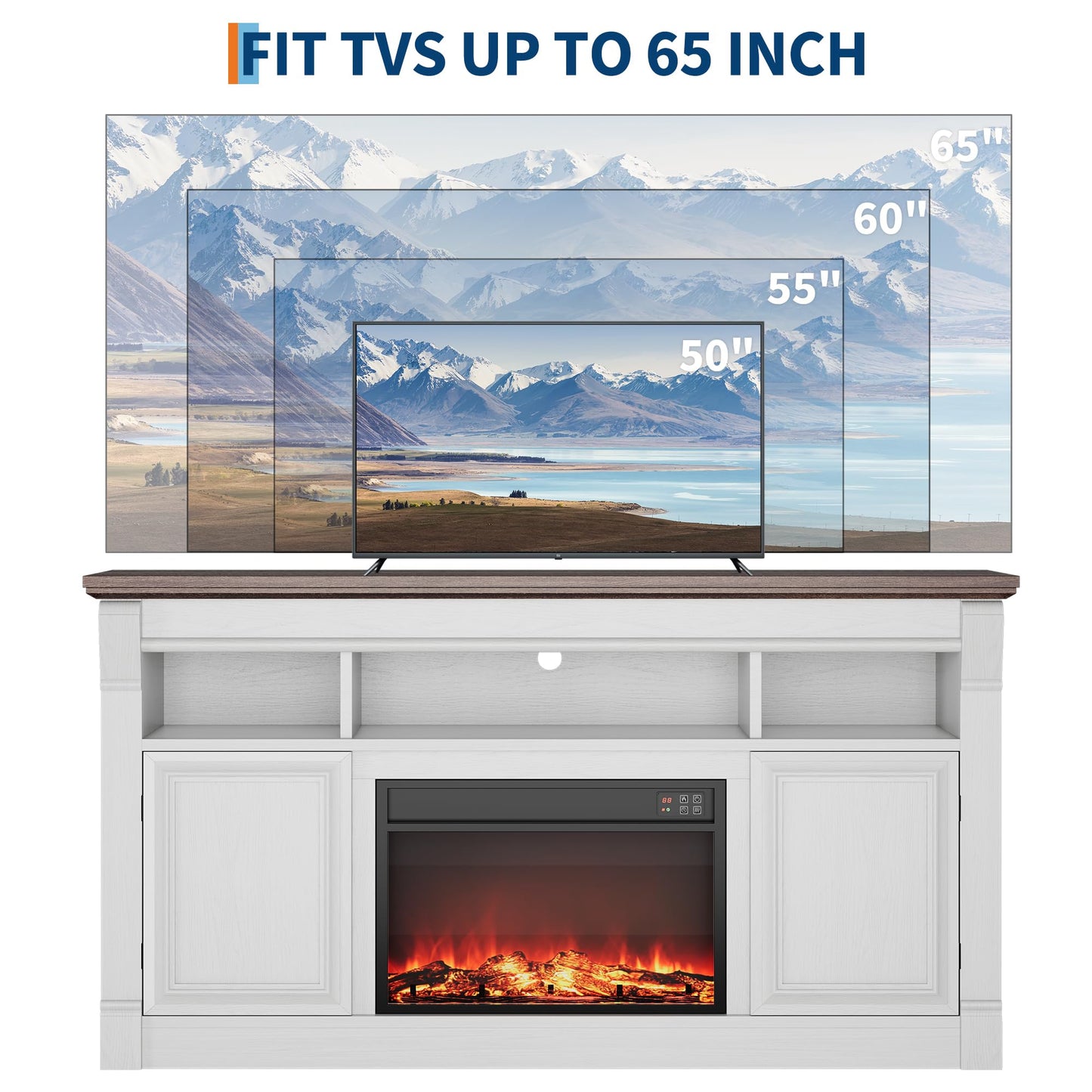 GAOMON 58 Inch Fireplace TV Stand, Wooden Entertainment Center with 36 Inch Electric Fireplace, 3D Realistic Flame, Farmhouse Media Console with Storage Cabinets for Living Room, White+Brown