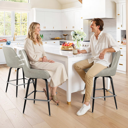 LUE BONA Counter Height Bar Stools Set of 3, 26" H Modern Barstools with Backs, Metal Frames and LightGrey Faux Leather Upholstered Accent Bar Stools for Kitchen Island