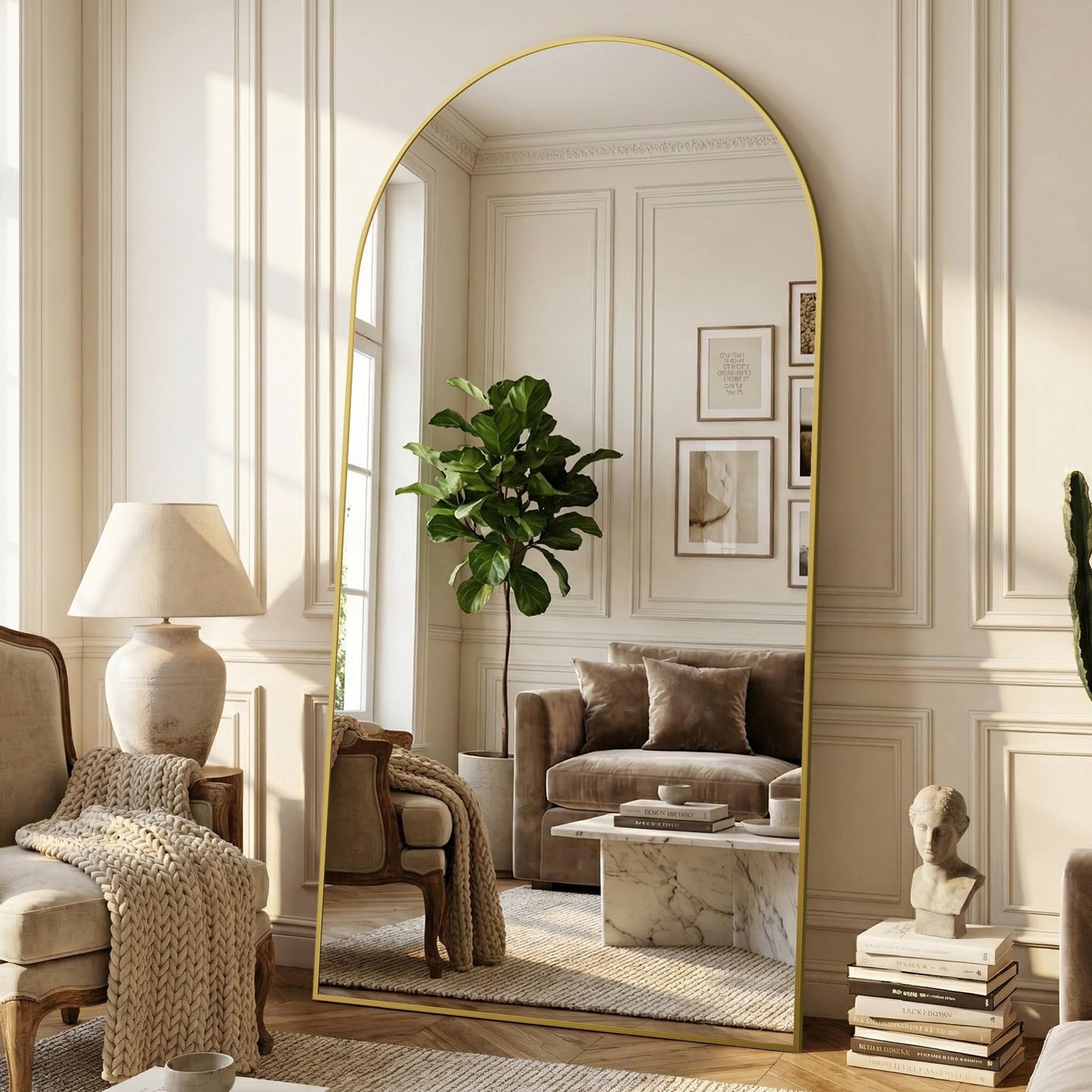 Suidia 86"x46" Arched Full Length Mirror with Stand, Full Body Mirror with Aluminum Frame, Freestanding/Leaning/Wall-Mounted, Floor Mirrors for Bedroom, Living Room, Entryway, Dressing Room, Gold