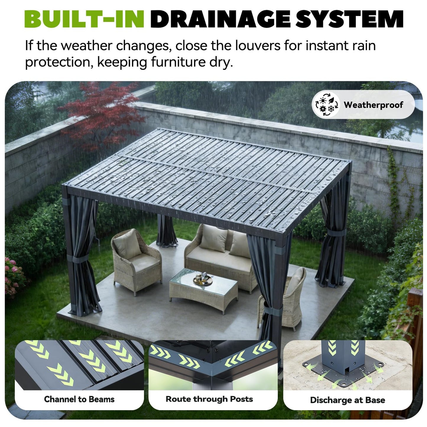MELLCOM Louvered Pergola 10x12, Outdoor Rustproof Shelter with Adjustable Roof, Steel Aluminum Gazebo with Waterproof Curtains and Netting for Patio Deck, Dark Grey