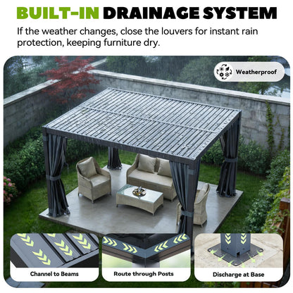 MELLCOM Louvered Pergola 10x12, Outdoor Rustproof Shelter with Adjustable Roof, Steel Aluminum Gazebo with Waterproof Curtains and Netting for Patio Deck, Dark Grey
