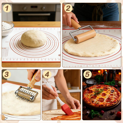 4Pcs Pizza Baking Tool Kit with Dough Docker, Non-Slip Silicone Baking Mat & Wooden Rolling Pin – Essential Tools for Pizza, Pie, Pastry, Bread and Cookies