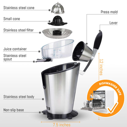 LEBENLANG Stainless Steel Electric Orange Juicer 600W I Incl. Stainless Steel Cone & BPA-Free | Electric Juicer Citrus Press Fruit Press I High Juice Yield for Oranges & Lemons