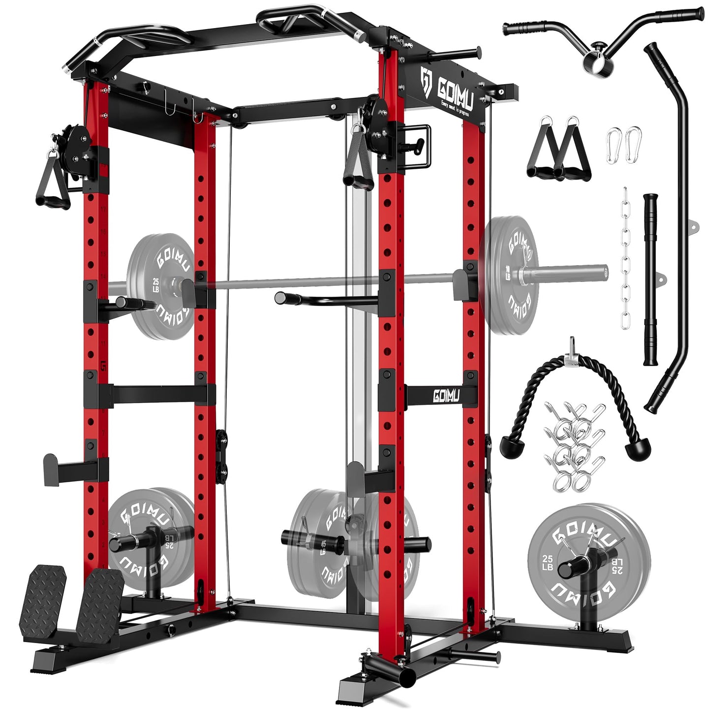 GOIMU RH01 Power Cage Rack, 2000LBS Squat Rack with with Cable Crossover System&LAT Pull Down System, Multi-Function Workout Cage for Home&Garage Gym (Red, RH01 Power Cage)