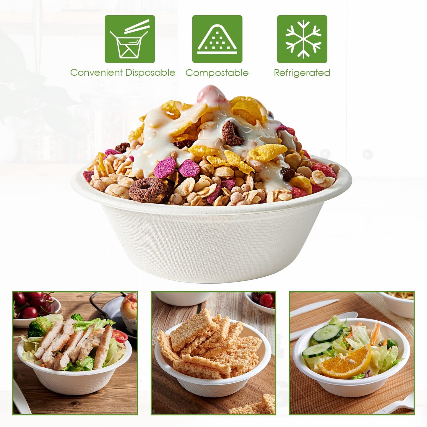 Vplus 200 Pack 12 OZ Paper Bowls, Disposable Compostable Bowls Bulk, Eco-friendly Bagasse Bowls, Heavy-duty Bowls Perfect for Milk Cereals, Snacks, Salads