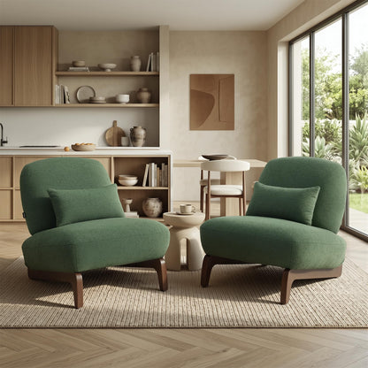 WELAX Modern Boucle Accent Chairs Set of 2, Sturdy Tilted Wood Legs with Thick Cushion & Comfy Lumbar Pillow, Armless Reading Chairs for Living Room, Lounge, Bedroom - Green