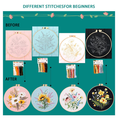 4 Sets Cross Stitch Embroidery Kits for Beginners Adults, Flower Stamped Pre Printed Cross Stitch Kits, Full Range of Embroidery Starter Kit with Instructions, 4PCS Embroidery Hoops, Threads and Tools