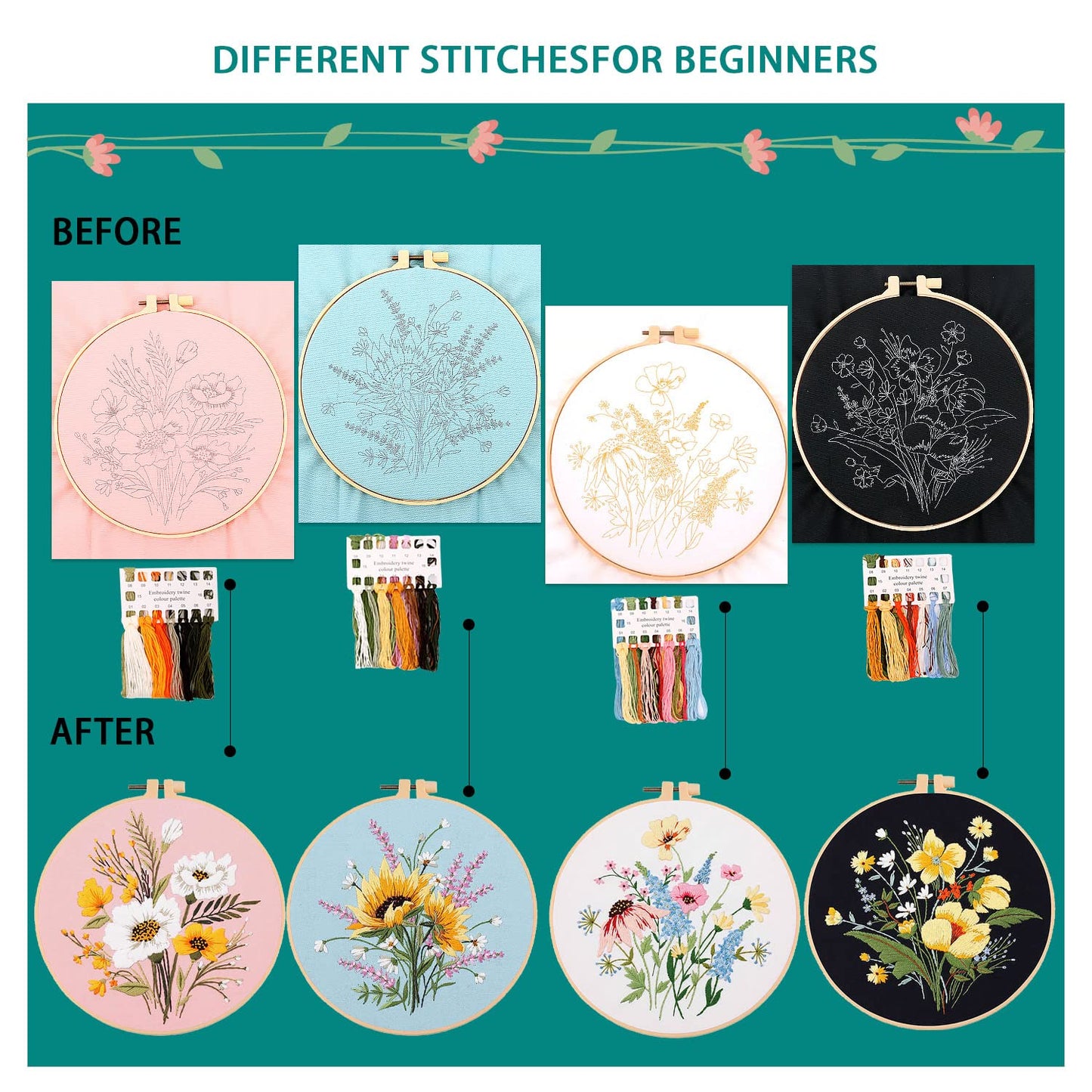 4 Sets Cross Stitch Embroidery Kits for Beginners Adults, Flower Stamped Pre Printed Cross Stitch Kits, Full Range of Embroidery Starter Kit with Instructions, 4PCS Embroidery Hoops, Threads and Tools