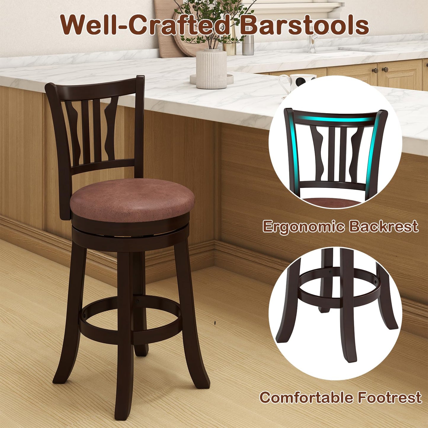 COSTWAY 26" Counter Height Stools Set of 4, Swivel High-Top Chairs with Backrest & Faux Leather Padded Seat, Rubber Wood Counter Barstools with Footrest for Kitchen, Dining Room, Pub (4,26'')