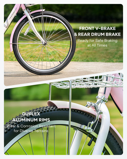 VIRIBUS Adult Tricycles for Women, Single Speed Tricycle for Adults with Front & Rear Detachable Wheeled Baskets, 3 Wheel Bikes for Adults Seniors 1 Speed, 400 lb. Capacity Three Wheeler, 26 in. Pink