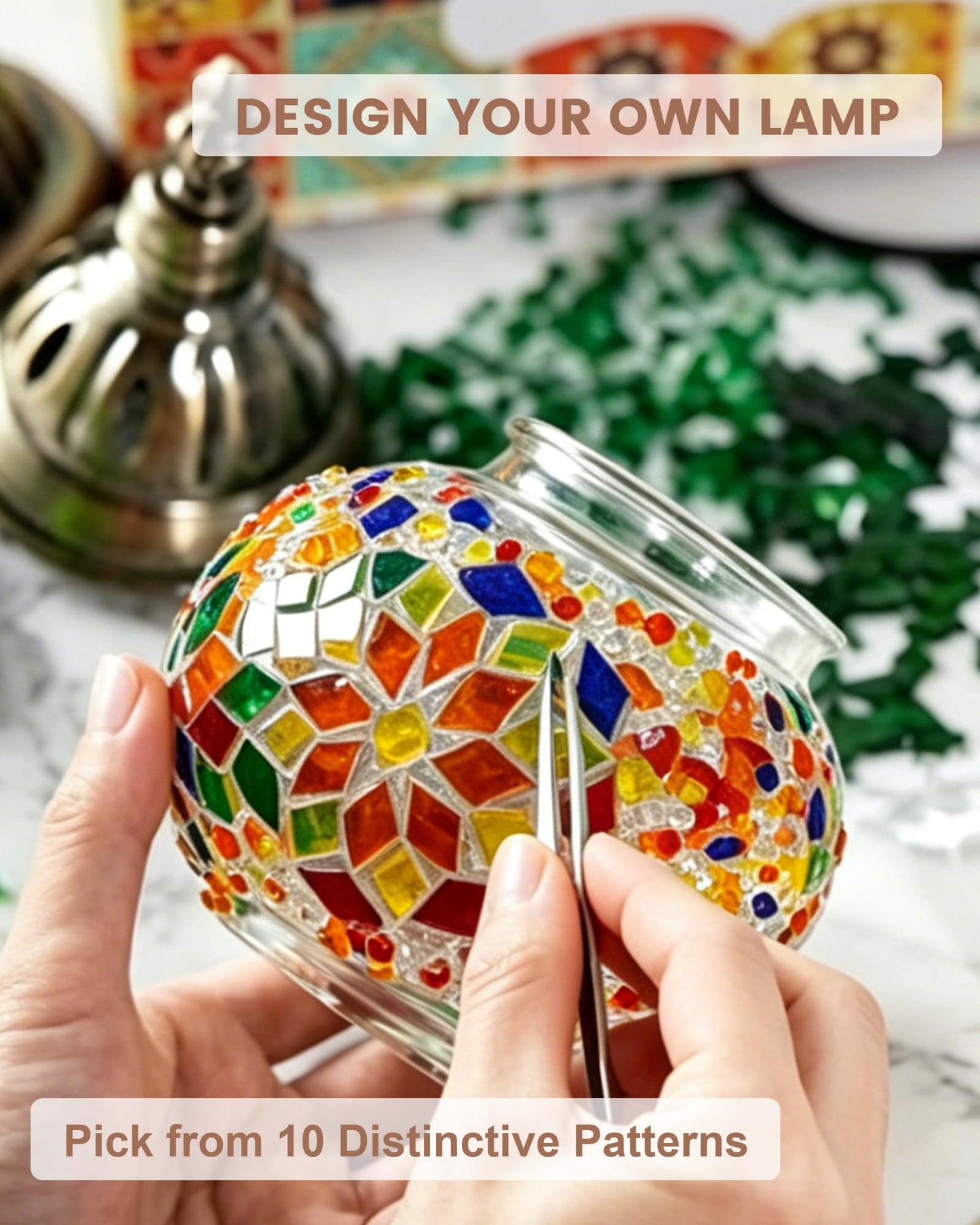 LOZNDA DIY Turkish Mosaic Lamp Kit, Bedside Turkish Lamp Bohemian Moroccan Unique Gift Idea, Mosaic Art & Craft Project Kits for Adults & Teens for Living Room (Prism Aura)