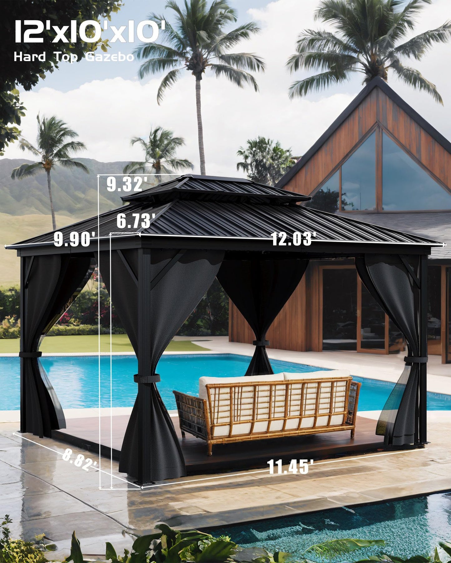 GarveeLife Hardtop Gazebo 10 ft x12 ft for All Weather, with Double Metal Roof, Aluminum Alloy Frame, Net, and Curtain, Permanent Building for Patio, Deck, Backyard, Lawn, and Garden