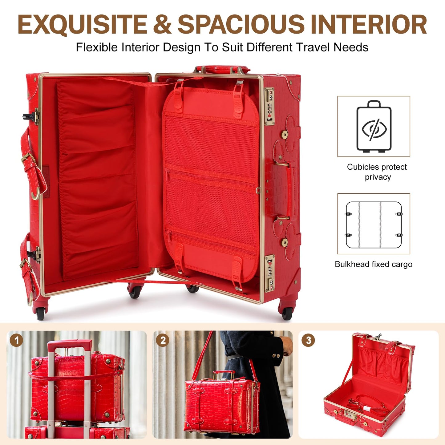 urecity Vintage Luggage Set of 2, Retro Suitcase Trunk with Wheels for Men and Women, Cute Designer Travel Luggage Set with Boarding Tote, Luggage Zipperless TSA Approved