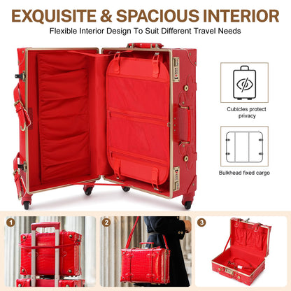 urecity Vintage Luggage Set of 2, Retro Suitcase Trunk with Wheels for Men and Women, Cute Designer Travel Luggage Set with Boarding Tote, Luggage Zipperless TSA Approved