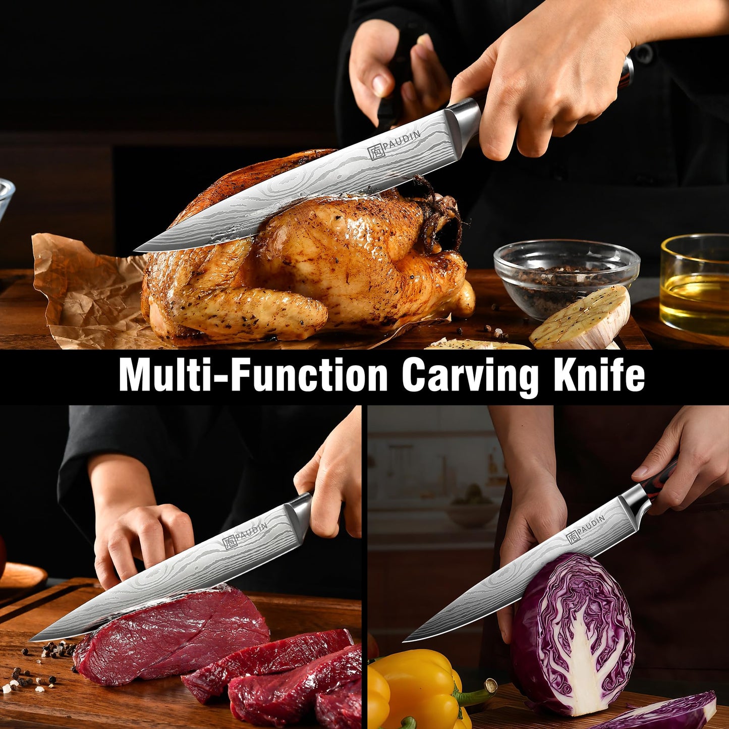 PAUDIN Carving Knife 8 inch, Ultra Sharp Brisket Slicing Knives, Premium Meat Cutting Knives German Stainless Steel, BBQ Knife with Ergonomic Handle, for Slicing Roast, Meats and Vegetables