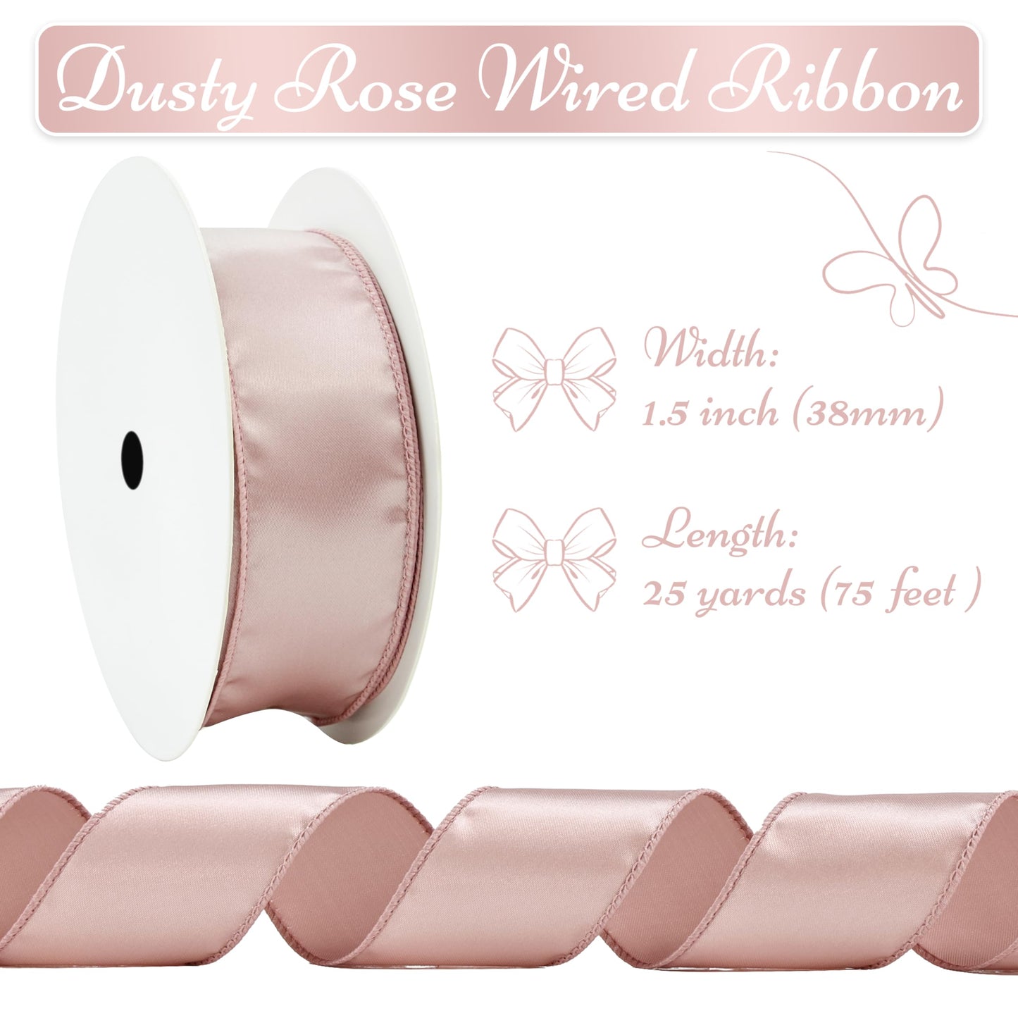 LIZLOVESS Dusty Rose Satin Wired Ribbon 1.5 Inch, Dusty Pink Wire Edge Ribbon for Gift Wrapping, Baby Shower, Wedding Decor, Christmas Tree, Crafts, Wreath Supplies 25 Yards
