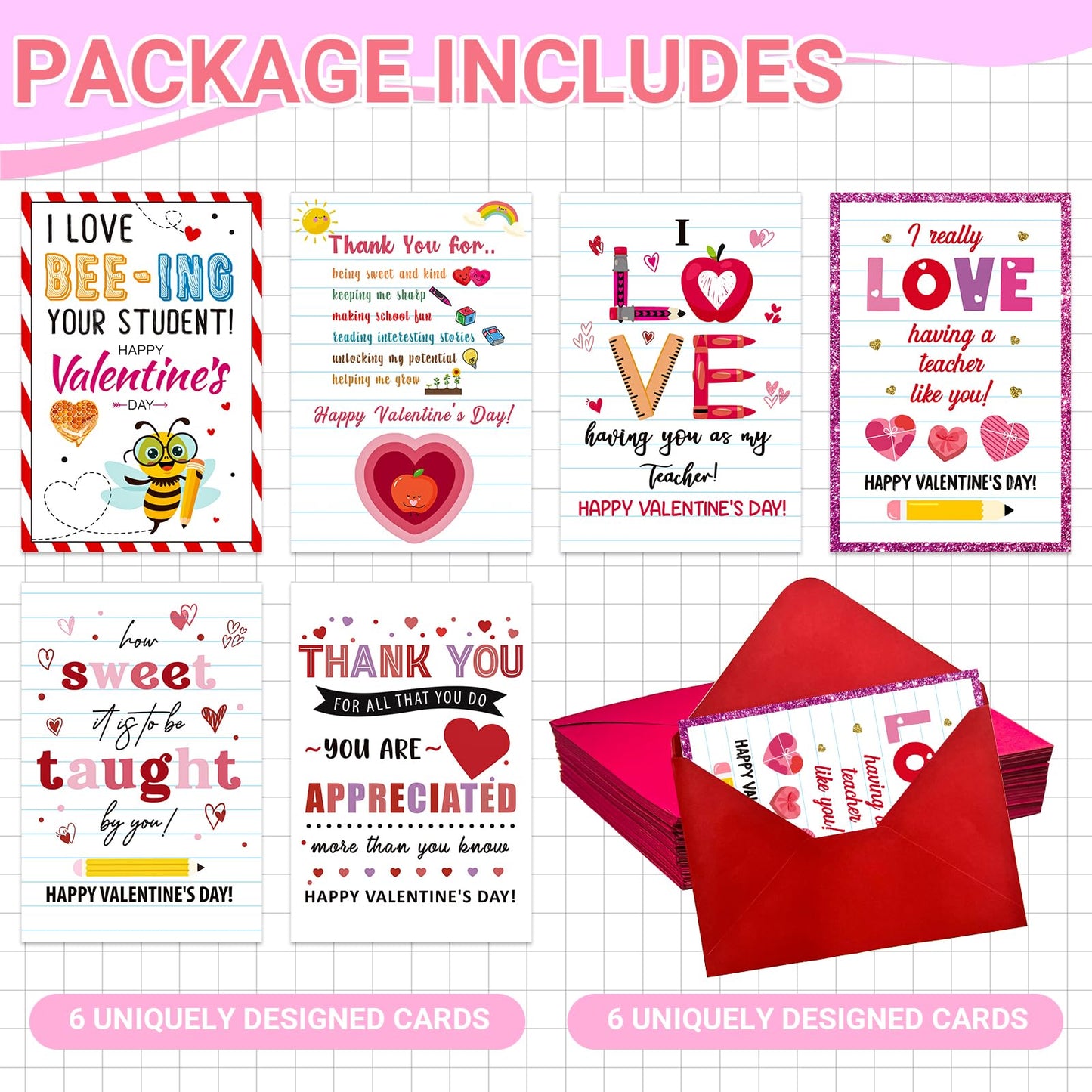 GMEMNOV 6 Pack Teacher Valentine Cards with Envelopes - Valentine's Day Cards for Teachers from Students, Bulk Thank You Cards, Teacher Appreciation Gifts, Classroom Valentine Card Set