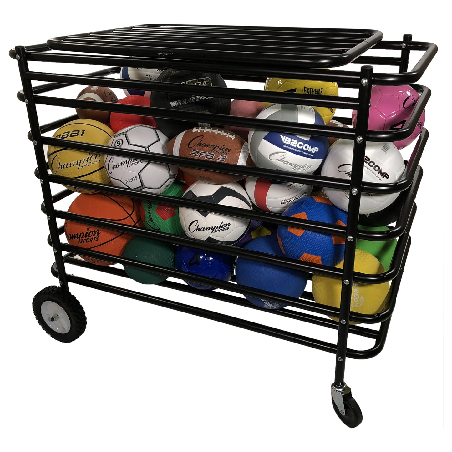 Champion Sports Ultimate Lockable Ball Locker – Heavy Duty Powder Coated Steel Ball Locker with Swivel Caster and Rear Wheels – Hinged Lid - Holds Up to 30 Balls – Black