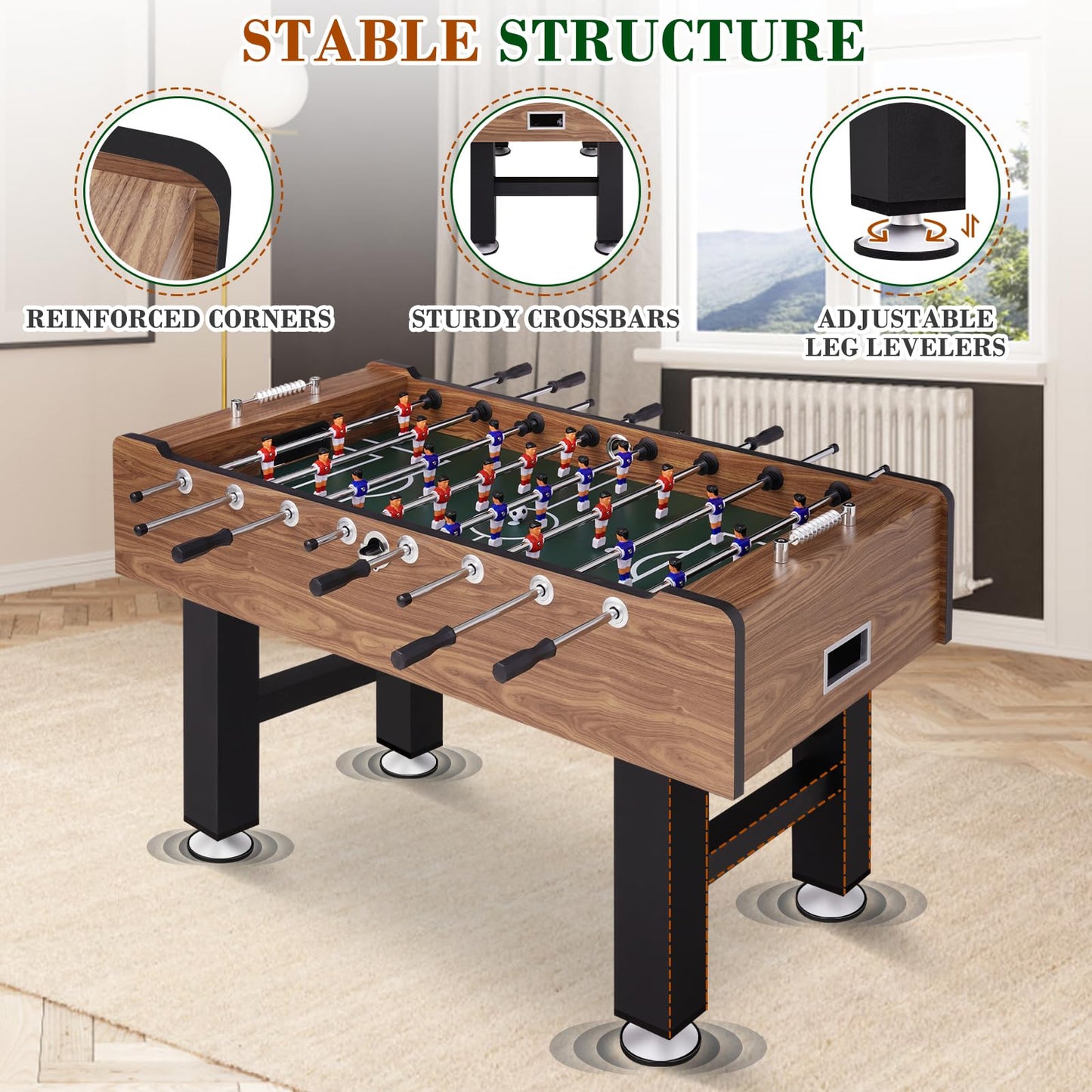 REAHOISY 58 Inch Large Size Foosball Table Adult Size, Full Size Soccer Game Table w/2 Balls, Leg Levelers & Heavy-Duty Legs, Durable Arcade Football Table for Game Room, Home, Office, Party (Brown)