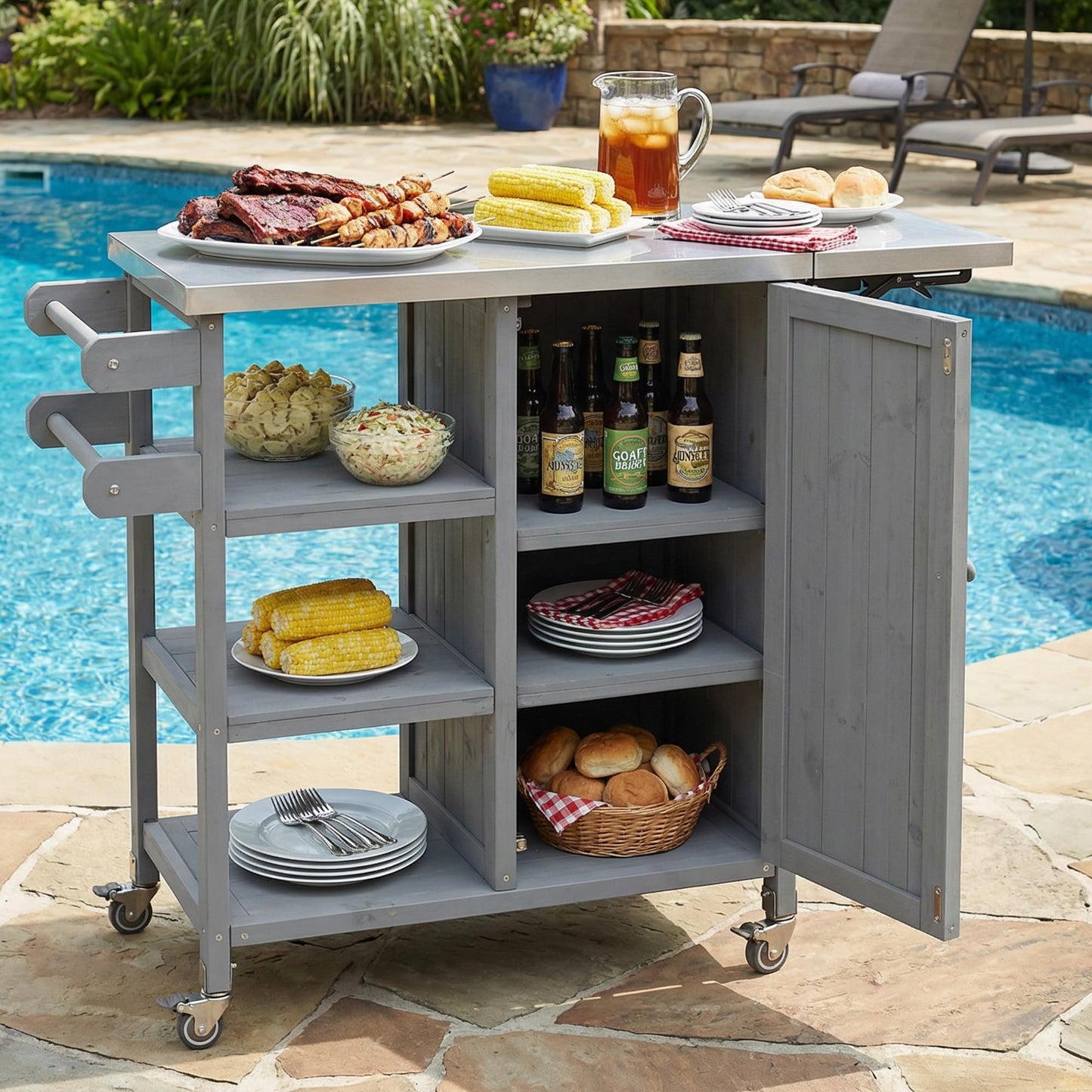 Foldable Outdoor Kitchen Island Cart with Stainless Steel Top, Rolling Grill Table with Storage Cabinet Shelves and Double Towel Rack, Wooden BBQ Prep Station with Lockable Wheels for Patio, Grey