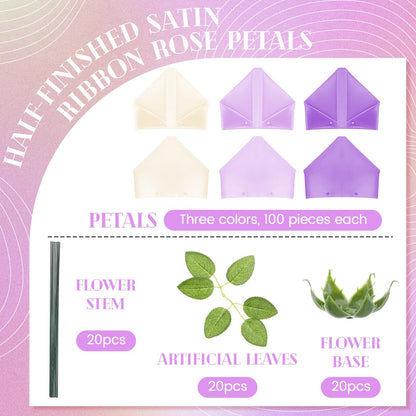 Thiccywoov 360 Pcs Premade Satin Ribbon Rose Petals DIY Kit with Flower Calyx Bases and Leaves Stems Half-Finished for Eternal Rose Flower Bouquet Gift for Anniversary Wedding Birthday(Purple Series)