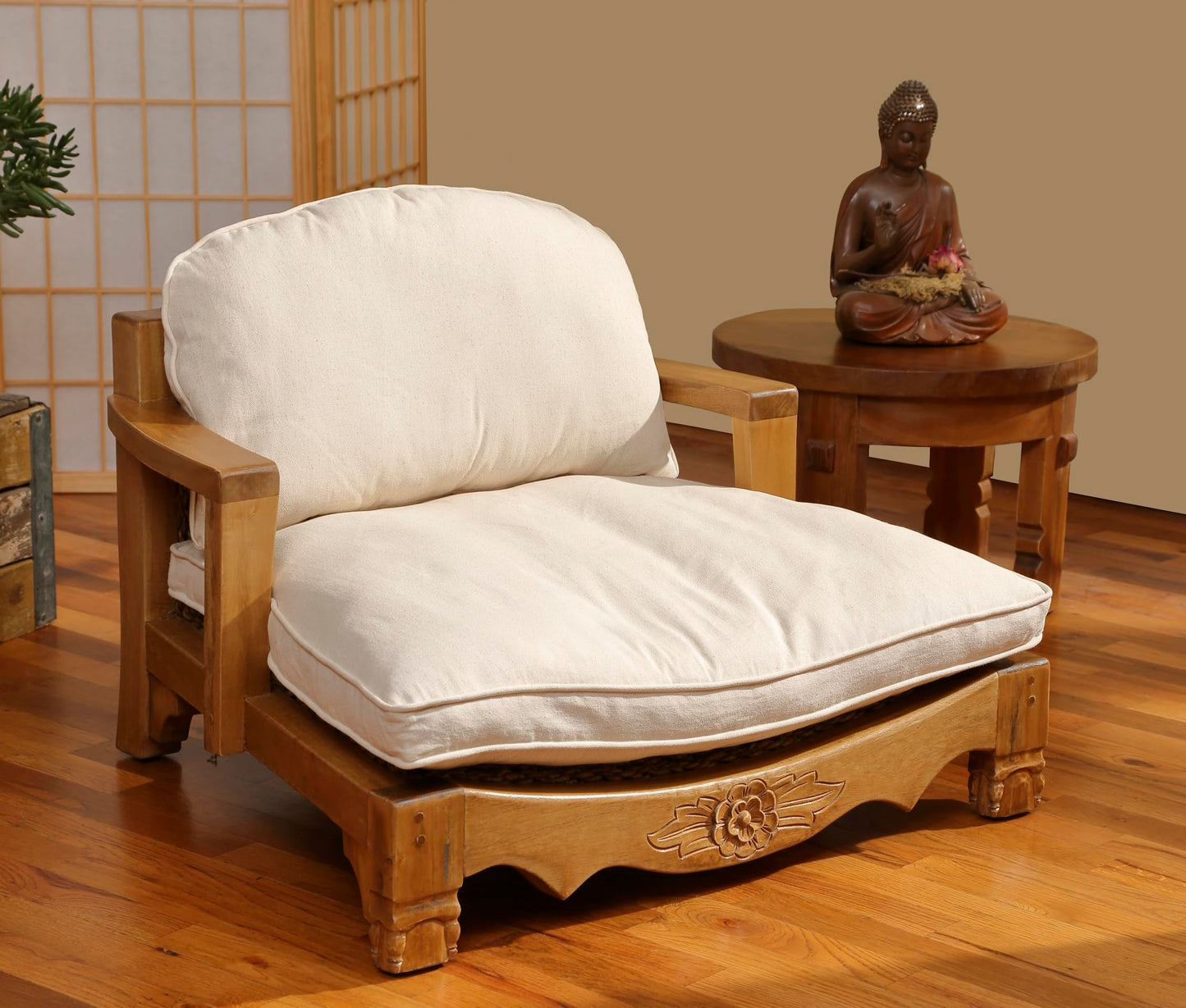 Harmony In Design Raja Meditation Chair, Handcrafted Wooden Frame with Floral Carving, Back Support,