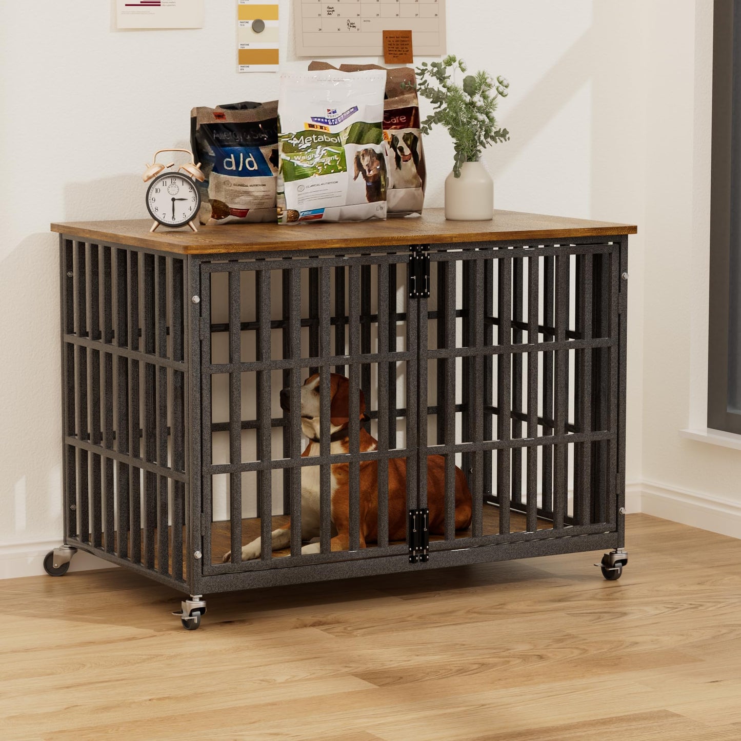 48 Inch Dog Crate Furniture, Heavy Duty Wooden Dog Kennel for Large Dogs, Chew Proof & Escape-Proof Indoor Dog Cage with TV Stand, for Anxious Dogs, Black Brown Cabinet