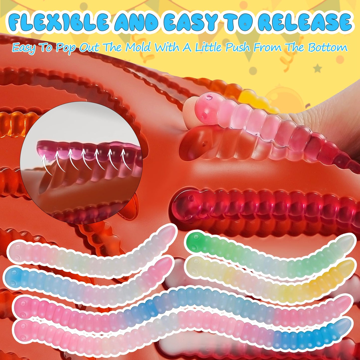 Wilewir 7Pcs Gummy Worm Molds Silicone for Gummies Candy, Worm Gummy Candy Chocolate Molds Silicone for Candy