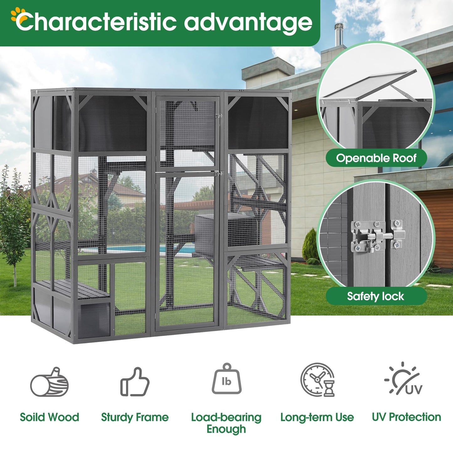 Ball & Cast Outdoor Wooden Cat House Catio Enclosure with Enter Door Kennel,Bouncy Bridge,Platforms and Small Houses,Waterproof,for Walk-in Kitty Kennel,Dark Grey