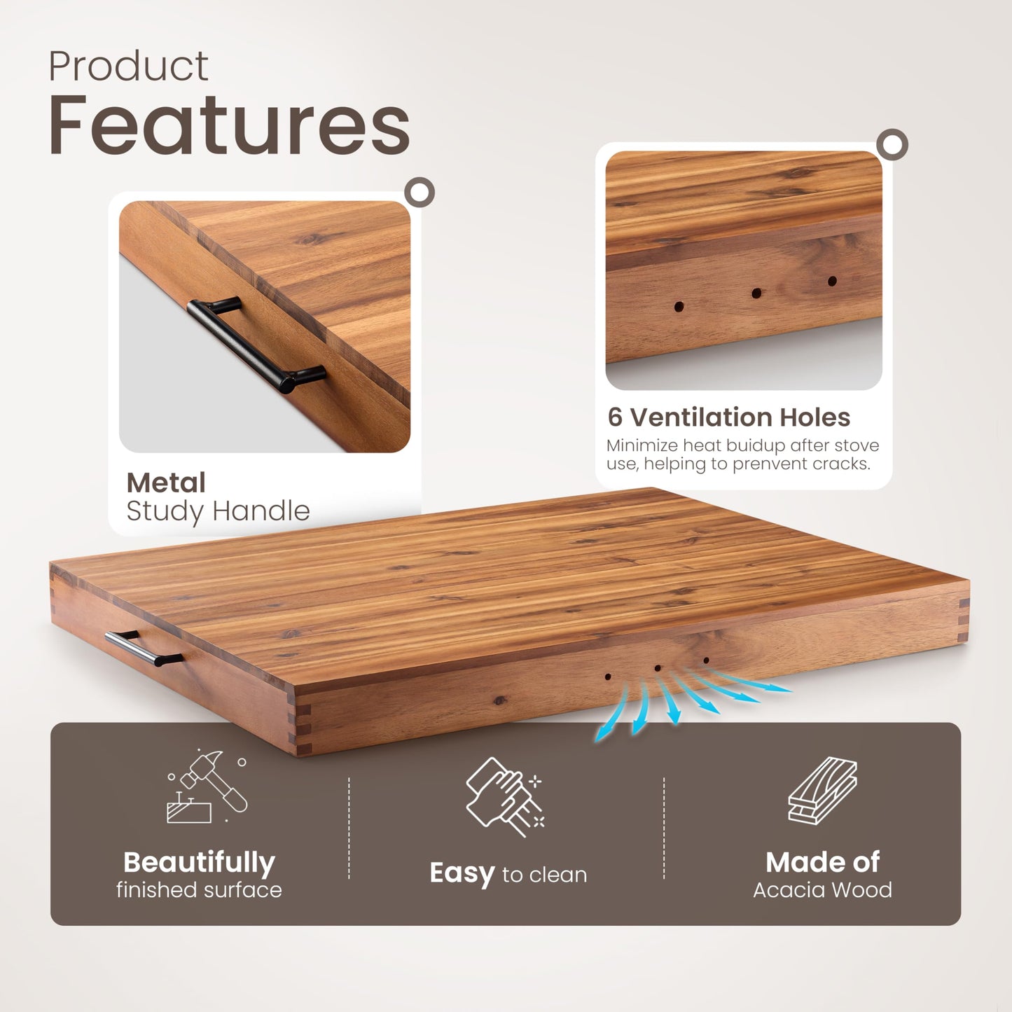 Stove Top Covers for Electric Stove with Handles 30”x22” (Outer) / 28.9”x20.8” (Inner) - Acacia Wood Noodle Board for Gas Stovetop - Stove Top Covers for Gas Burners, Sink Cutting Board (Acacia color)