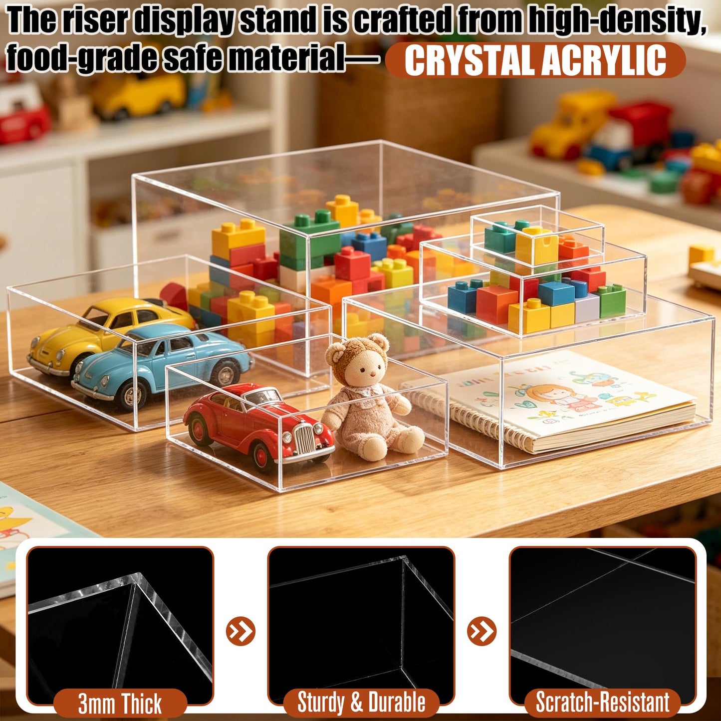 Builimeer 6Pcs Clear Acrylic Risers Display Stands(6"-11"), Acrylic Display Box for Catering Supplies Buffet, Dessert, Cosmetics, Jewelry Showcase & Collectibles and Party, Exhibitions, Office, Home