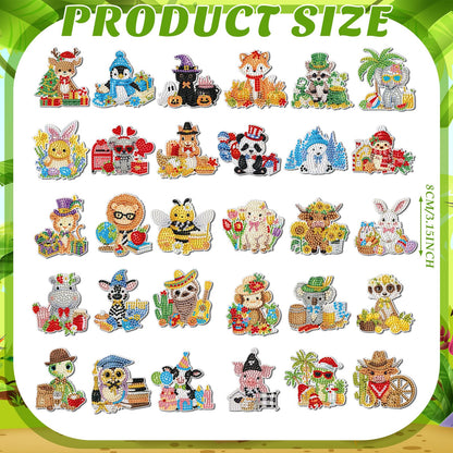 Xuhal 30 Pcs Holiday Diamond Painting Magnets Seasonal Animal Diamond Art Magnet Kits for Adults Cute 5d Rhinestone Seasonal Animal Refrigerator Magnetic Sticker for DIY Craft Fridge