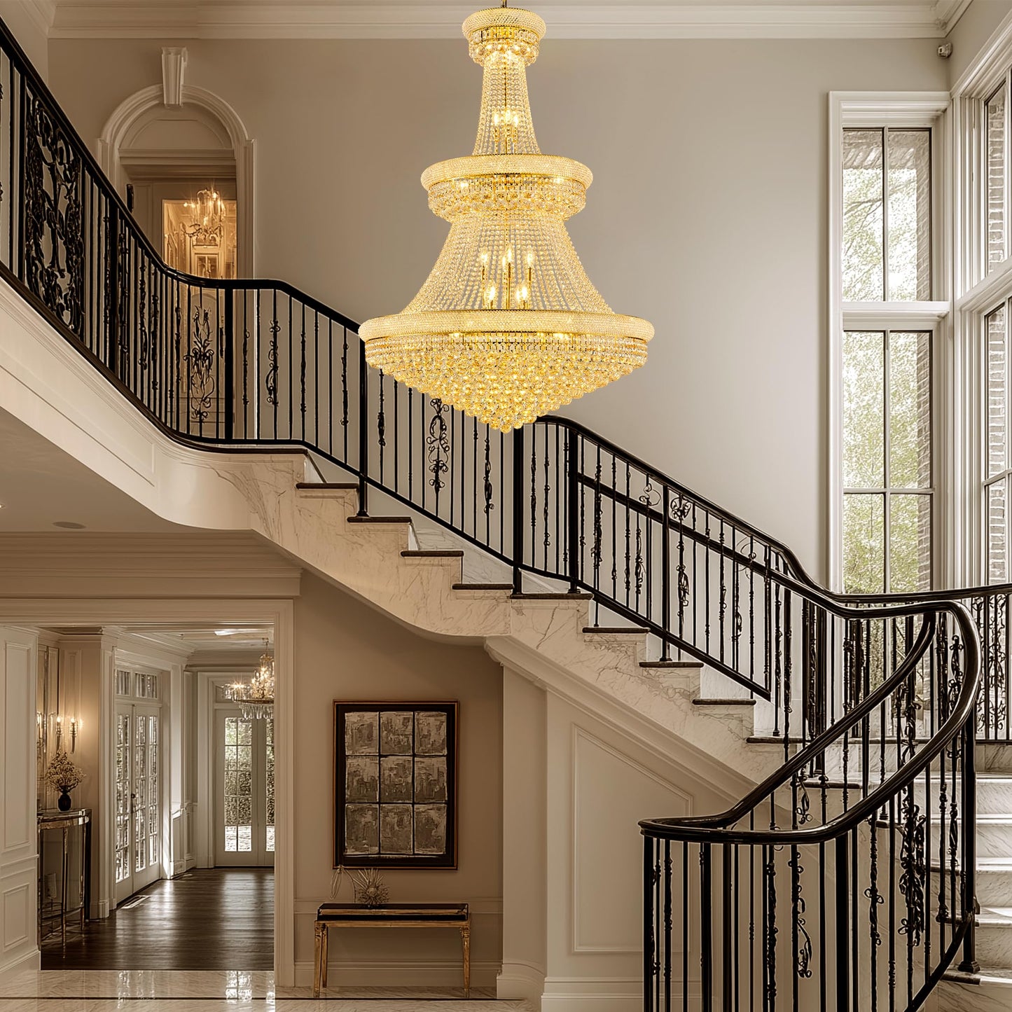 Dvasovio 42'' W Luxury 3-Tier Empire Crystal Chandelier, 36 LED Bulbs, 480 Hand-Strung K9 Crystals (4 Spares), 79-Inch Adjustable Chain, Ideal for Foyer, Staircase, Double-Height Living Room (Gold)