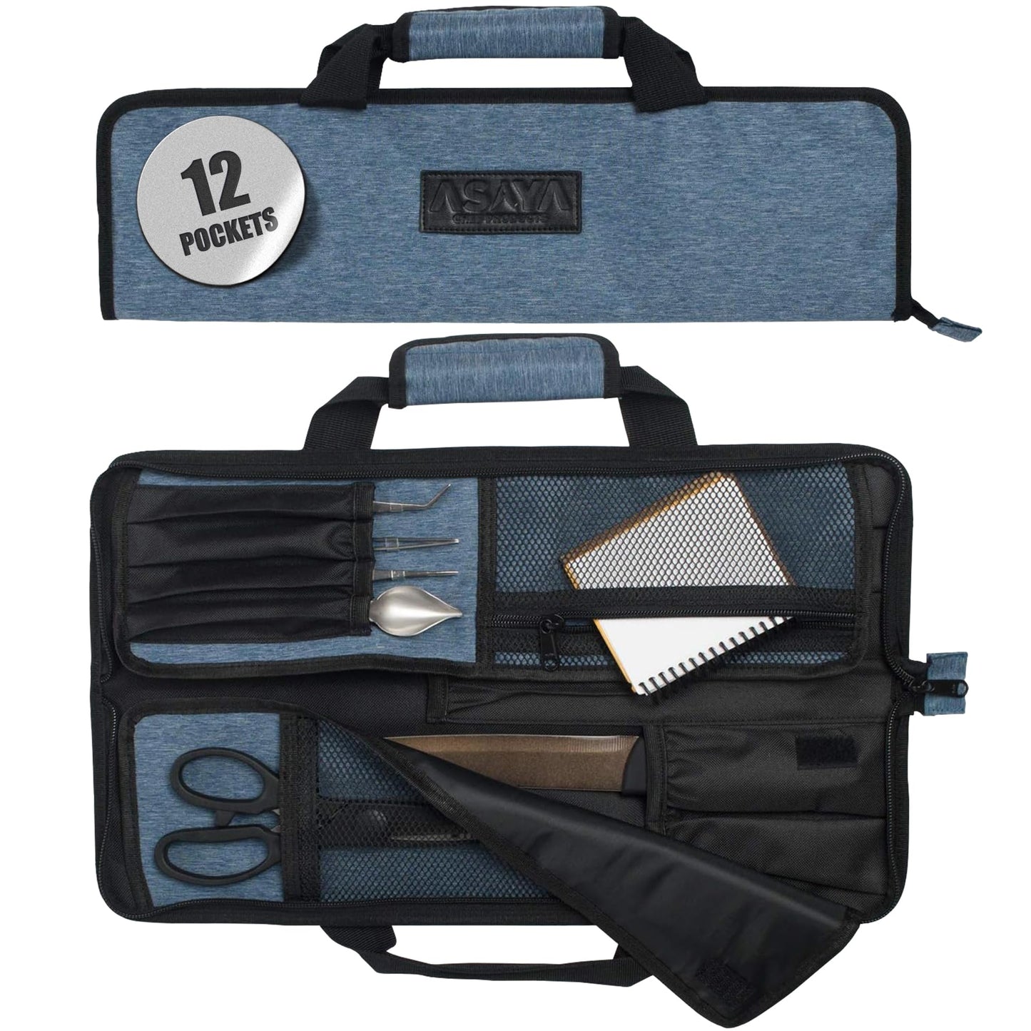 Asaya Chef Knife Roll Bag - 12-Pocket Chefs Case for Kitchen Knives and Utensils, Lightweight Stain-Resistant Waxed Nylon Chef Knife Bag - Knives Not Included (Blue)