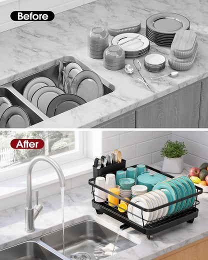 Sakugi Stainless Steel Dish Drying Rack for Kitchen Counter, Sink Organization and Storage Essentials with Silverware & Utensil Holder, Home and Apartment Decor, 12''W x 15.5''L, Black