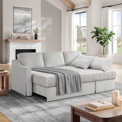 Serta Hawthorne 89.8" Slipcovered Convertible Sleeper Sofa Chaise, Queen Size, Dreamcoil Comfort, Reversible Storage Chaise, Polyester Tweed Fabric, Linen