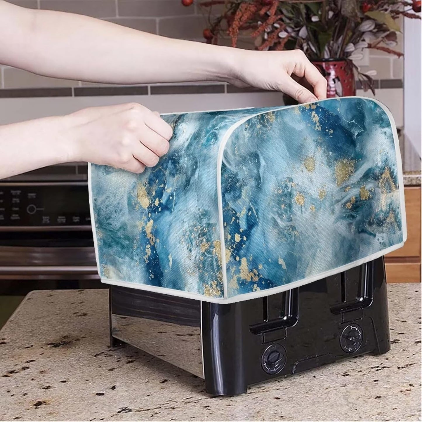 ZDCUSTOM Blue Marble Toaster Cover, Quilted 4 Slice Dustproof Appliance Protector for Kitchen