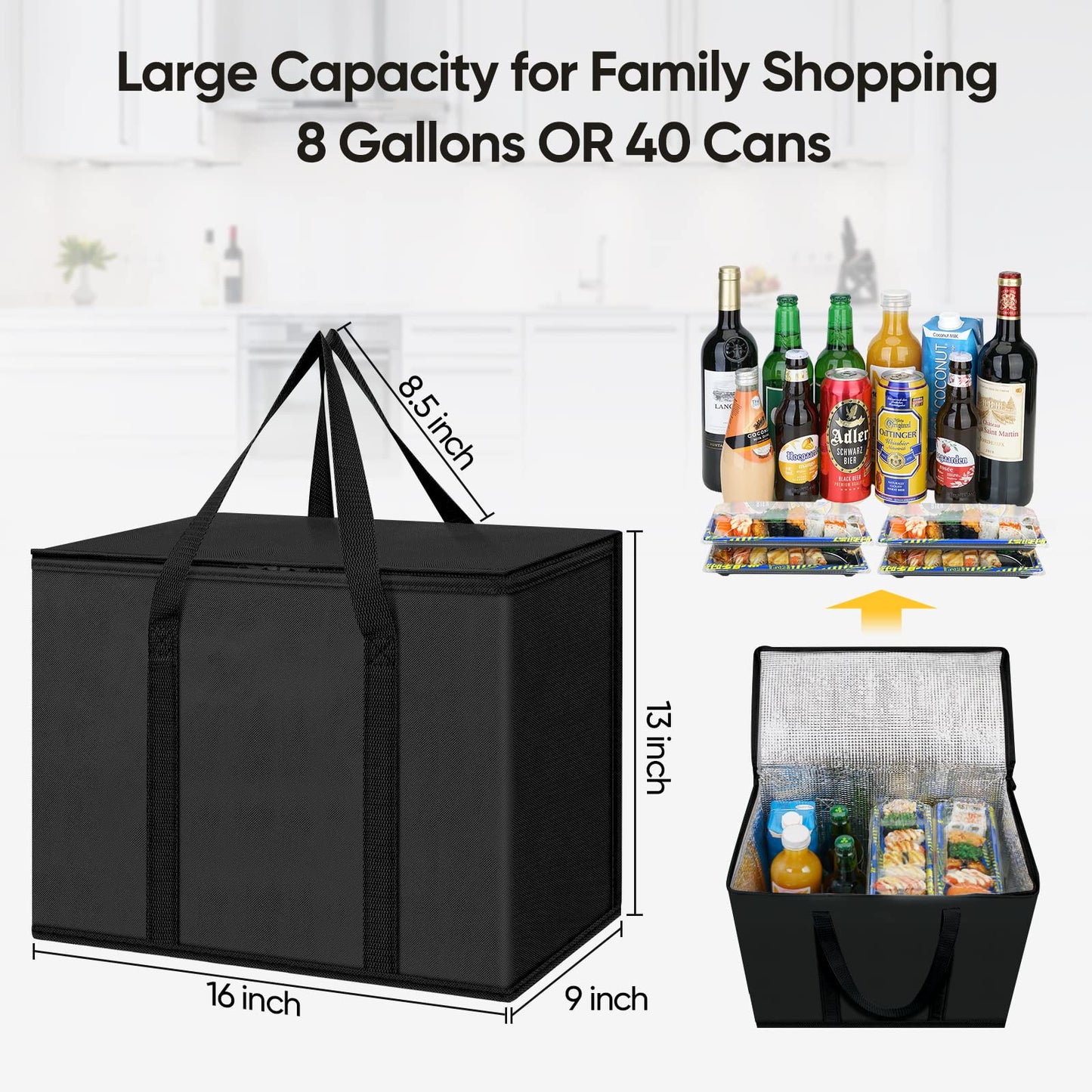 BALEINE 2Pk Insulated Reusable Grocery Bags, Collapsible Cooler Bag for Groceries, Heavy Duty Large Insulated Bag (16''x9''x13'', Charcoal Black)