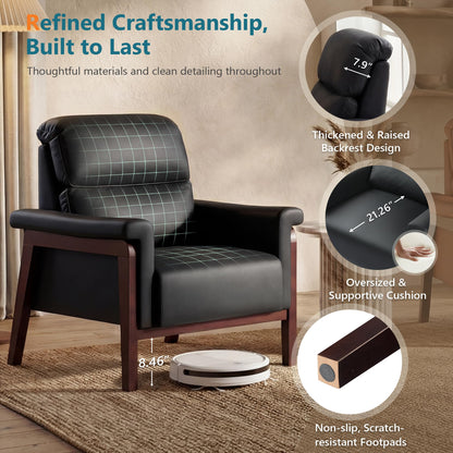STHOUYN Oversized Leather Accent Chair, Mid Century Modern Office Arm Chair with Solid Wood Legs & High Backrest, Comfy Upholstered Side Sofa Chair for Living Room, Waiting Room, Bedroom (2, Black)