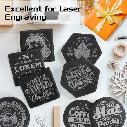 60 PCS Black Slate Stone Coasters Bulk, MAPRIAL 4 Inch 20 PCS Square, 20 PCS Round, 20PCS Hexagon Handmade Drink Coaster for Laser Engraving, Engravable Blanks Material for Engraver, Gifts, Halloween