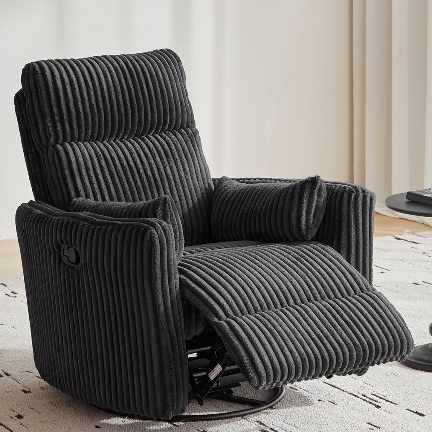 LINSY 360 Swivel Recliner Chair, Nursery Glider Rocking Chair with 2 Pillows, Corduroy Nursing Chair Comfy High Back Adult Rocker Recliner for Small Spaces, Nursery Bedroom Living Room (Black)