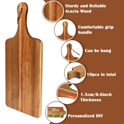 12 Packs Acacia Wood Cutting Board,12 x 6 Inch Plain Chopping Board with Handles Serving Board Wooden Kitchen Cutting Board Bulk with Rope and Plaid Ribbon for Vegetables Meat Pizza Cheese Fruit Bread