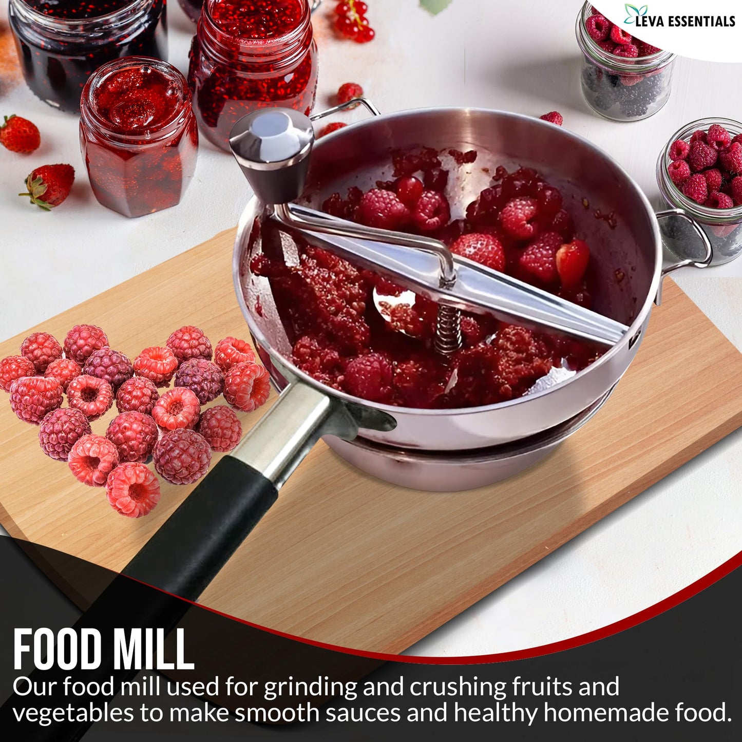 Premium Stainless Steel Food Mill - Effortless Pureeing, Straining & Milling for Soups, Sauces, Baby Food, and More – Includes 3 Interchangeable Discs – Durable & Easy-to-Clean Design