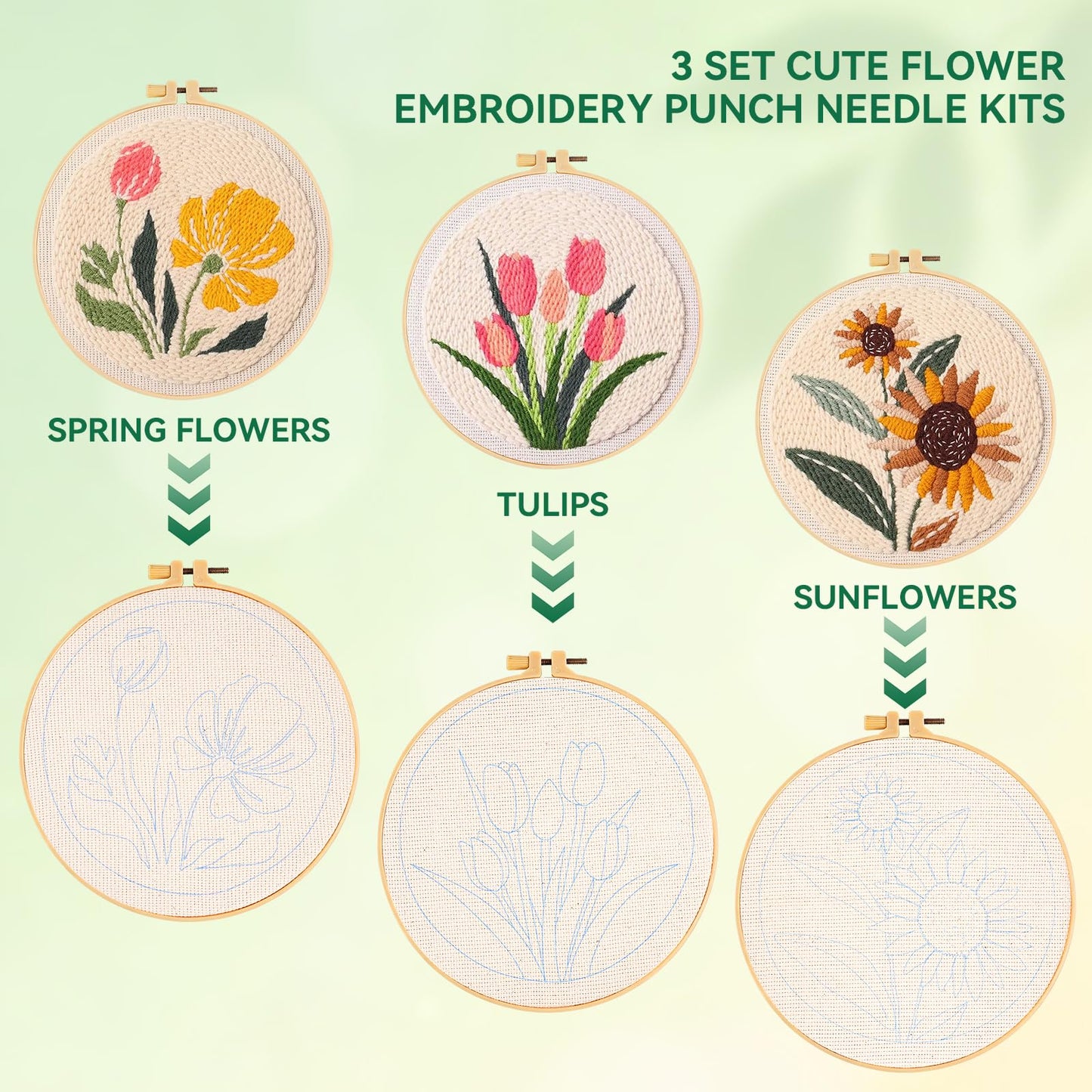 Aemygo Punch Needle Kit Adults Beginners, 3 Pcs DIY Easy Flower Embroidery Set for Starter Art Craft, Needling Punching Project with Patterns, Tools, Yarns, Hoop, Instruction